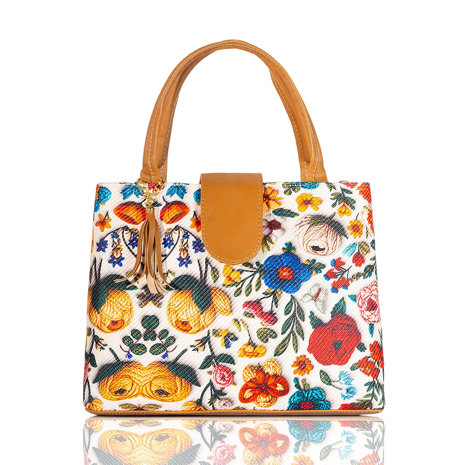 Bolsa artesanal flores bordadas Camel