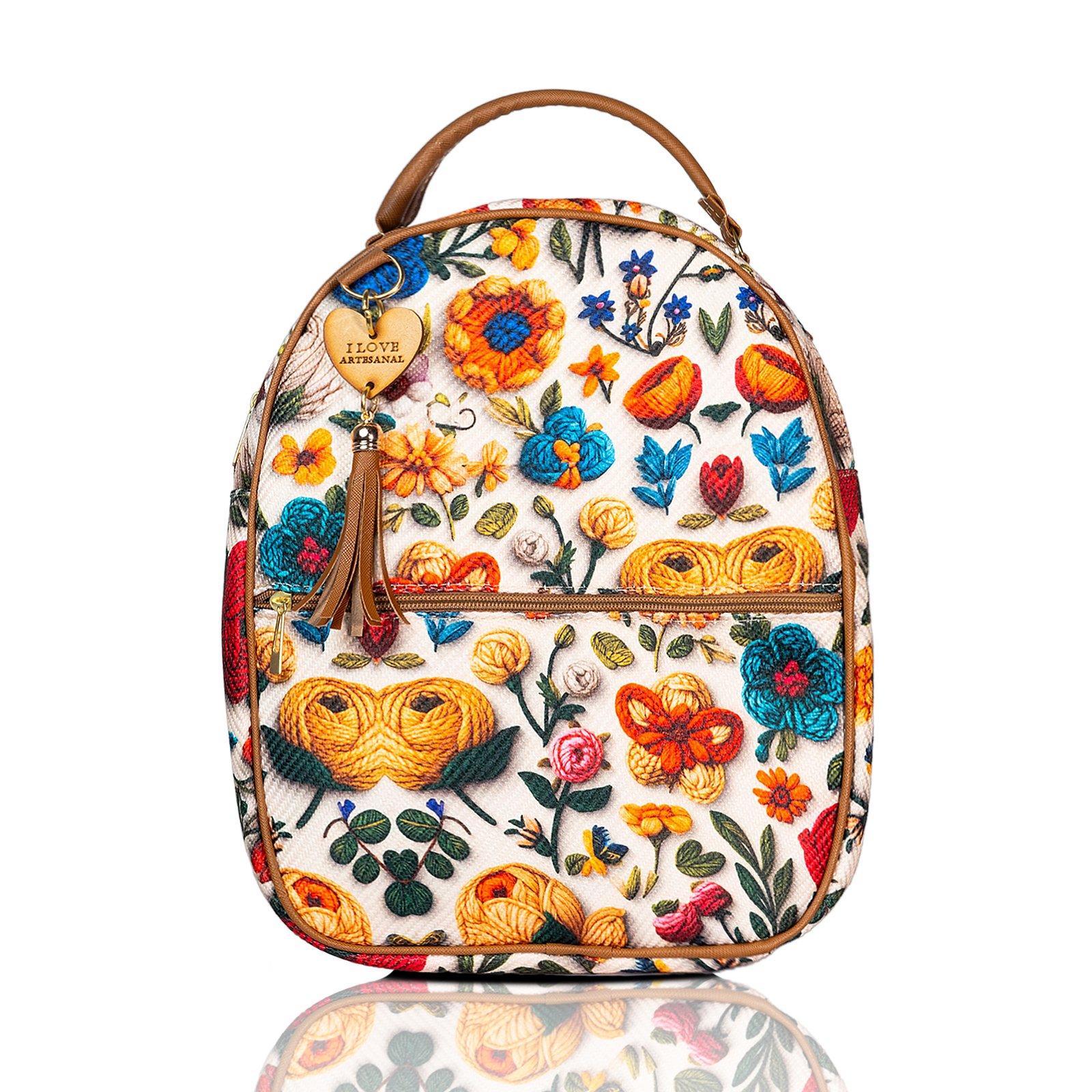 Mochila artesanal flores bordadas Camel