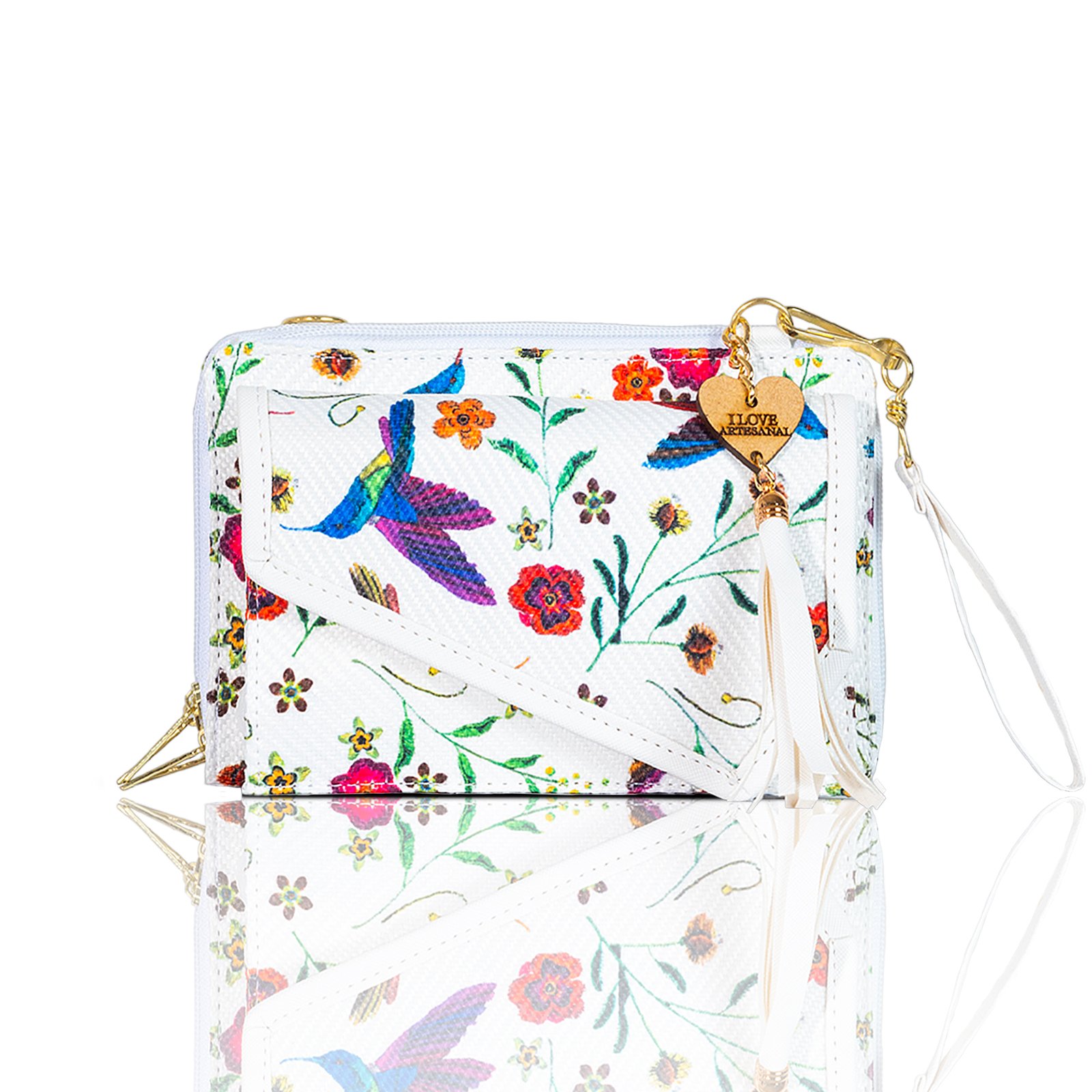 Cartera porta celular blanca Colibrís